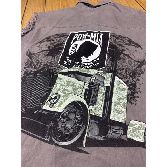 POW MIA Big Rig Truck Mens Shirt L Gray Raw Edges Sleeveless Front Buttons - Picture 12 of 16